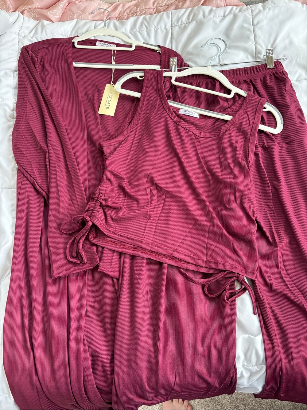 Ekouaer Lounge Set L Wine Ribbed Cardigan Tank Wide Leg Pants 3PC NWT